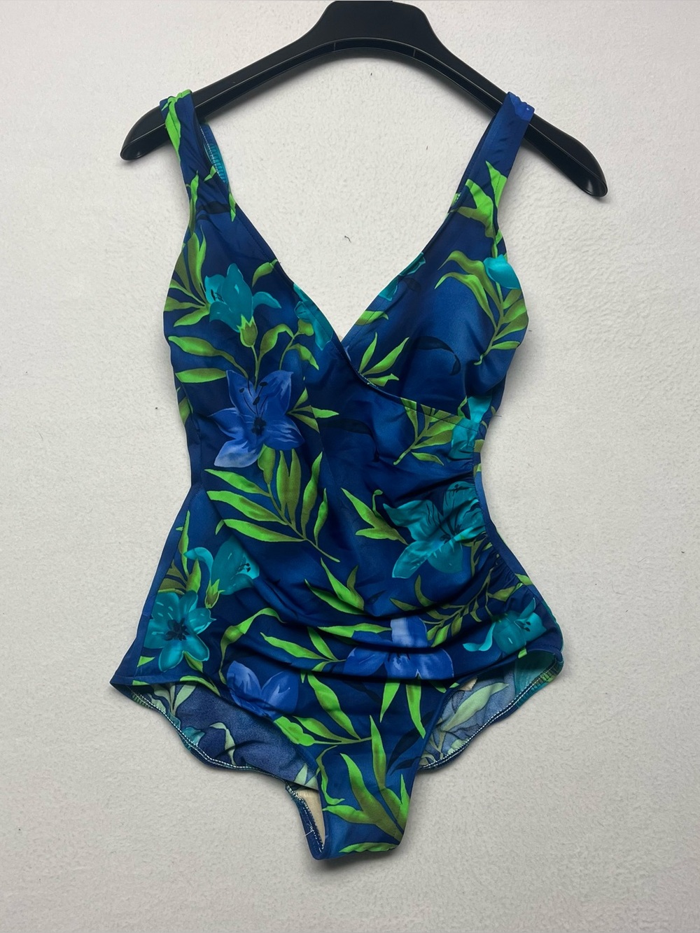L.L. Bean Teal Floral One Piece Nylon Scoop Swimsuit Adjustable Straps 10 Reg